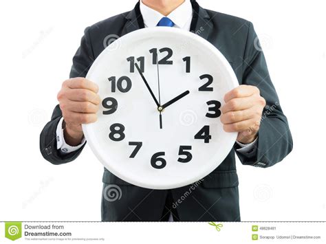 White Clock Holding In Businessman Hands Isolated Stock Image Image