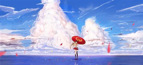 Female Anime Character Under Red Umbrella Illustration Kantai Collection Umbrella Clouds