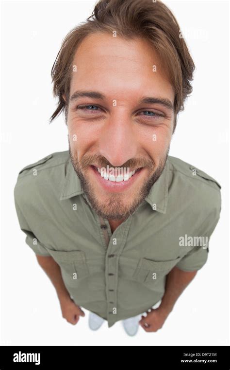 Overhead Angle Of Happy Man Stock Photo Alamy