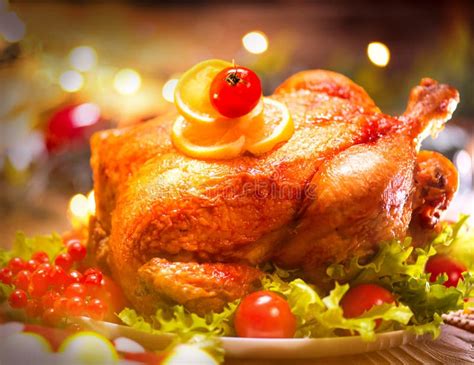 Roasted Turkey Garnished With Potato Thanksgiving Or Christmas Dinner