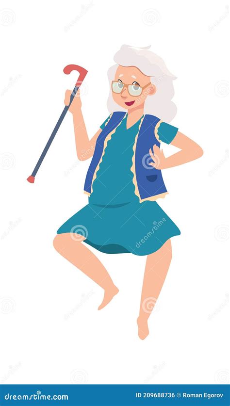 Funny Happy Senior Female Cartoon Old Dancing Woman Grandmother Active Moving Gray Haired