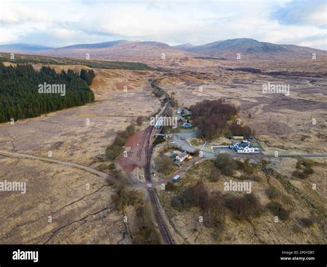 Aerial View From Drone Of Rannoch Station On Rannoch Moor In In Perth