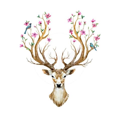 Watercolor Illustration Isolated Deer Big Antlers Flowers And Birds