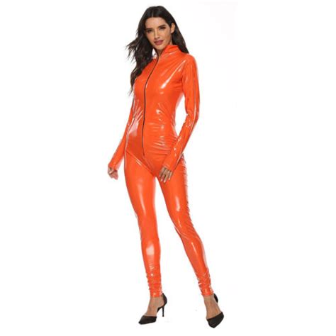 women s sexy wet look catsuit bodysuit jumpsuit leather leotard clubwear zipper ebay