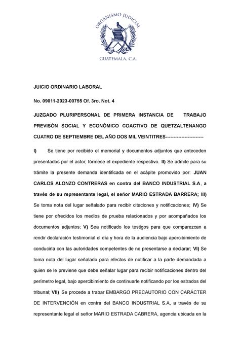Resolución De Trámite Demanda Juicio Ordinario Laboral No 09011 2023