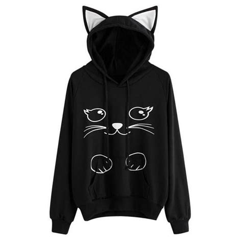 Black Hoodie Cat Sweater Sweatshirt Cat Ears Text Hoodie Hoodies