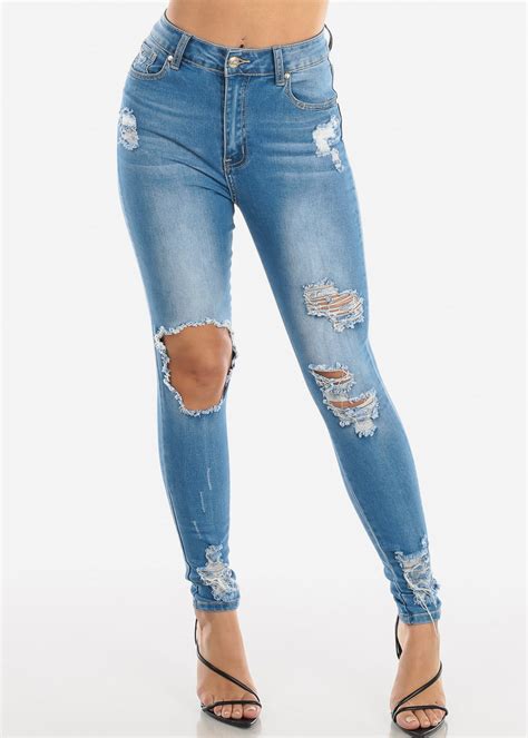 Moda Xpress Womens Skinny Jeans High Waisted Ripped Torn Light Wash