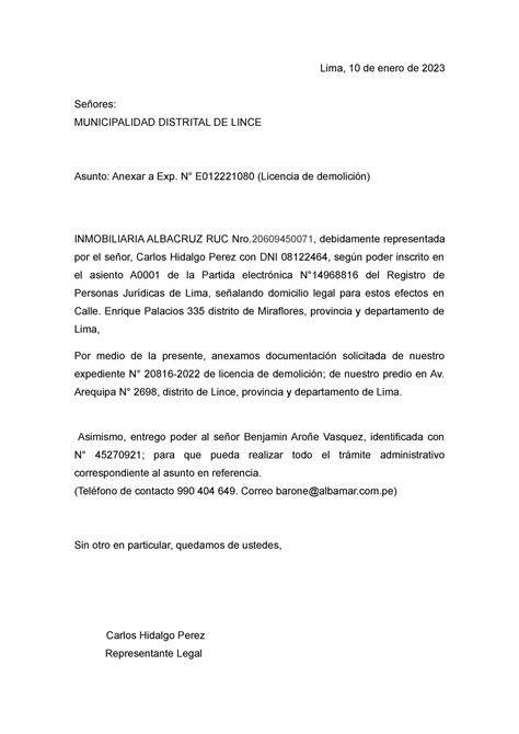 Solicitud De Anexo Exp 20816 2022 Lima 10 De Enero De 2023 Señores