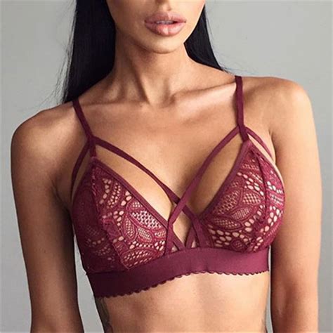 Sexy Wine Red Strappy See Through Hollow Out Floral Lace Lingerie Bra N16457