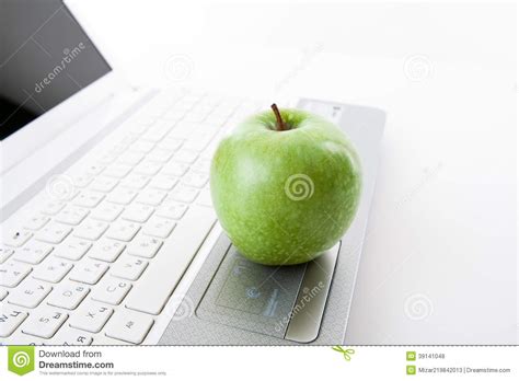 Green Apple On Laptop Keyboard Stock Photo Image Of Keyboard Table