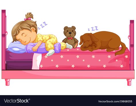 Cute Girl Sleeping With Dog On Bed Royalty Free Vector Image