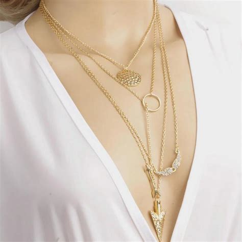 Women Multi Layer Necklace Crystal Gold Wings Arrow Charms Maxi