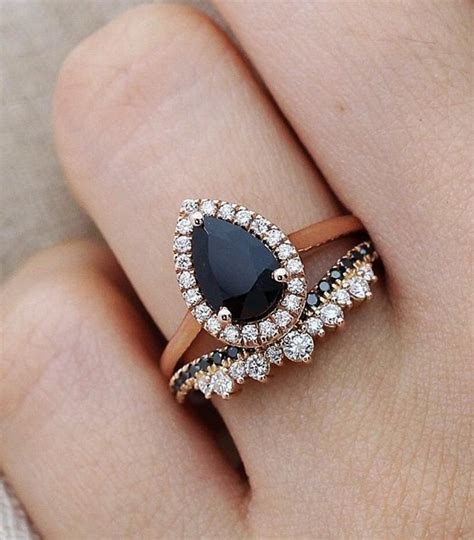 Black Sapphire Engagement Ring Set Rose Gold Finish Pear Etsy Canada