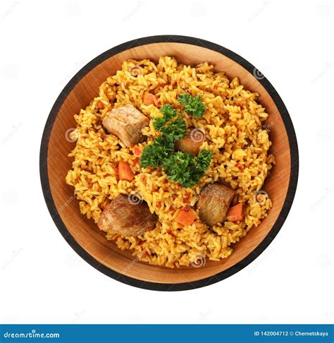 Bowl With Rice Pilaf And Meat On White Background Stock Photo Image