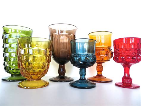 Mismatched Colored Glasses Set Of 6 Retro Glass Goblet Set Mixed Collection Of Vintage Colored