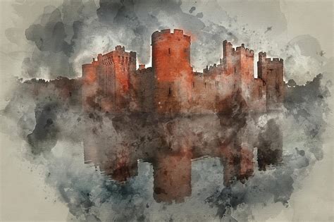 Watercolour Painting Of Stunning Moat And Castle In Autumn Fall 2