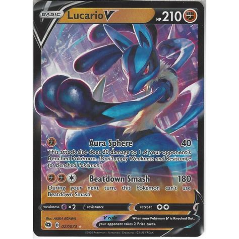 General things you might see here are : Pokemon Trading Card Game 027/073 Lucario V | Rare Holo V Card | SWSH3.5 Champion's Path ...