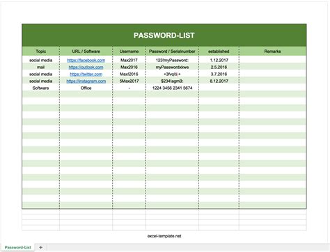Free Password Log List As Excel Template Excel Templates For Every