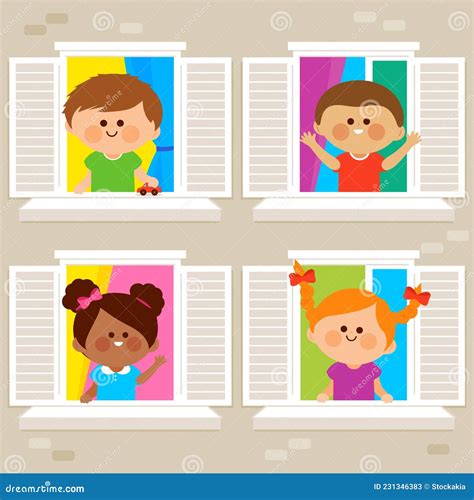 Children At A Building Looking Out Of Windows Vector Illustration