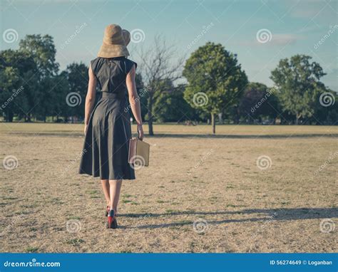 Elegant Woman Walking In Park With Briefcase Stock Image Image Of