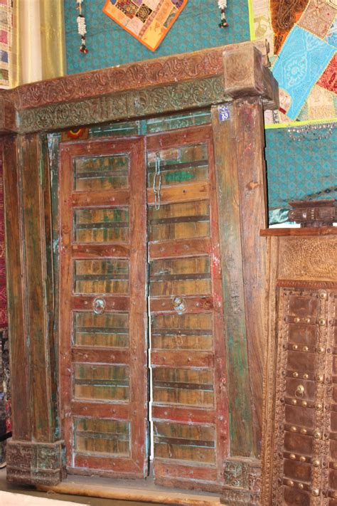 Antique Doors Bohemian Floral Red Blue Patina Haveli Carved Teak Indian