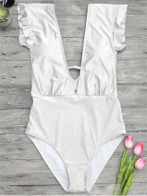 Frilled Plunge One Piece Swimsuit White M One Piece Swimsuit Slimming