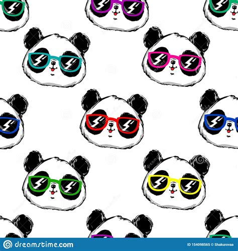 Hand Drawn Panda With Glasses Seamless Pattern Stock Vector