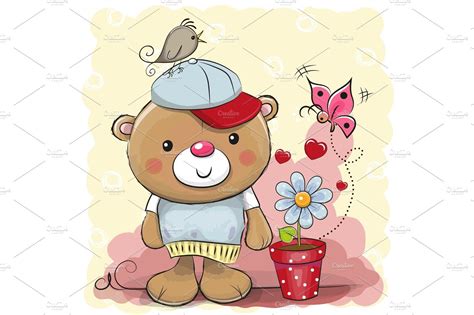 Cute Cartoon Teddy Bear With Flower Custom Designed