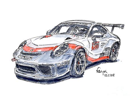 Porsche 911 Gt3 Cup Racecar Ink Drawing And Watercolor Drawing By Frank