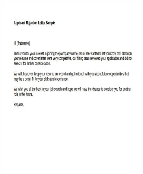 Applicant Rejection Letter Sample Database Letter Template Collection