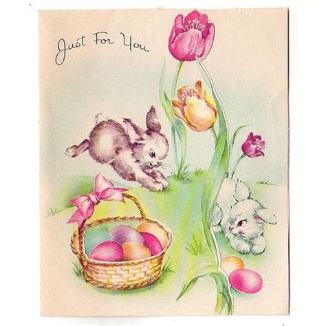 Bunnies Tulips Basket Of Eggs Vintage 1950s Easter Greetings Card Used