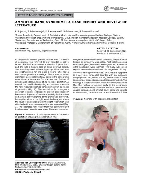 Pdf Amniotic Band Syndrome A Case Report And Review Of Literature
