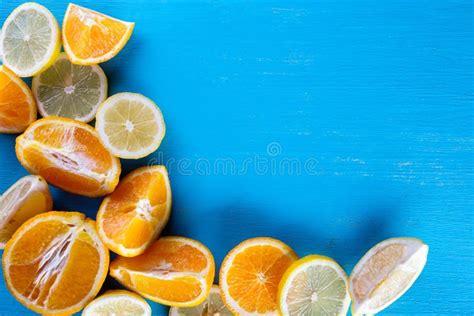 Blue Background Filled With Fresh Sliced Fruit Stock Image Image Of