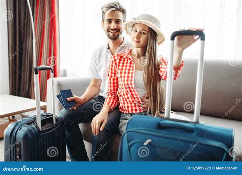 Happy Couple With Suitcases Prepares For Vacation Stock Image Image Of Overweight Open 125099223