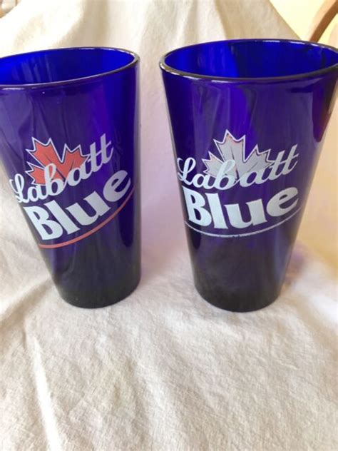 Labatt Blue Beer Glasses Cobalt Blue 575 Tall Red Leaf And Silver