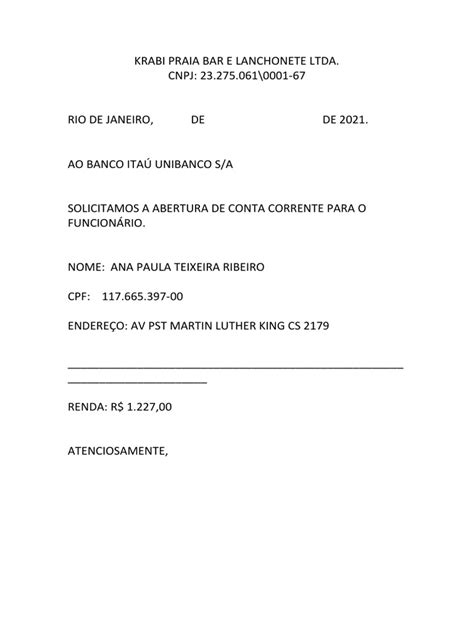 Carta Modelo Abertura Conta Salário Ana Paula Pdf