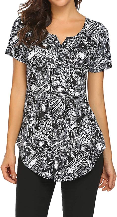 Womens Floral Printed Short Sleeve Henley V Neck T Shirt Pleated
