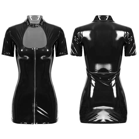 Womens Sexy Wet Look Pvc Leather Mini Dress Clubwear Front Zip Bodycon Lingerie Ebay