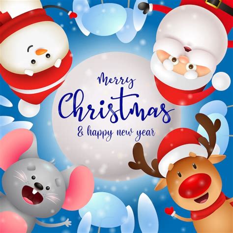 free vector merry christmas greeting card with cute characters