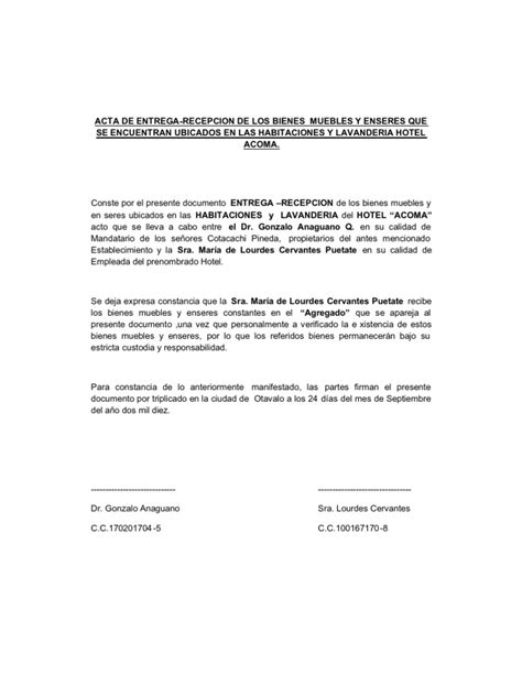 Ejemplo De Acta De Recepcion De Contrato De Obra De Finanzas Publicas