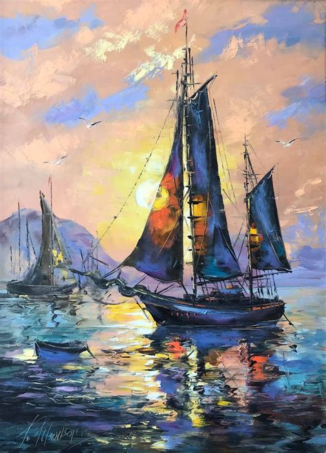 Sailboats Sunset Seascape Oil Painting Blue Ocean Marine Wall Art Colorful Sailing Ship Sea
