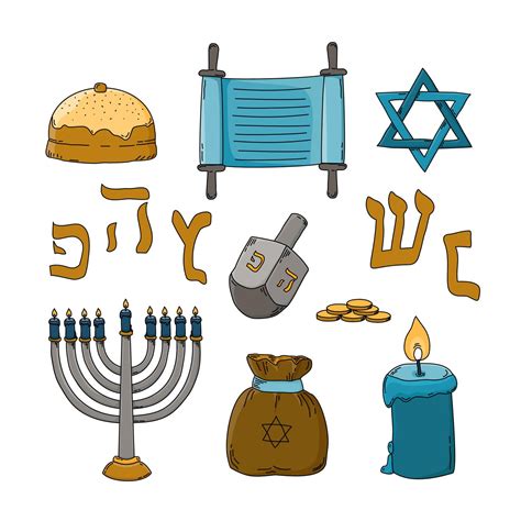Hanukkah Traditional Jewish Holiday Hand Drawn Symbols Set Isolated