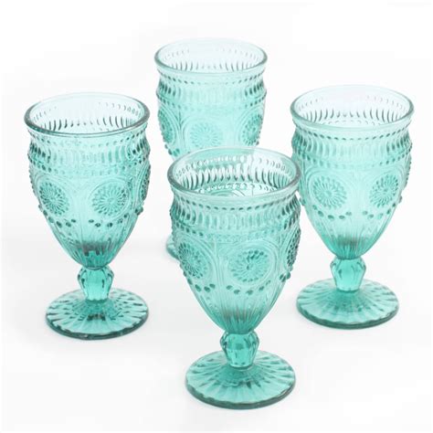 Footed Glass Goblets Teal Set Of 4 Turquoise Embossed Glassware Vintage
