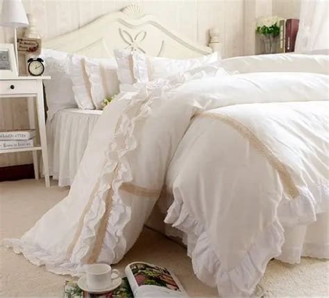 Fadfay Home Textile Luxury Off White Lace Ruffle Bedding Set Beautiful Korean Bedding Sets