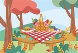 Picnic basket with tablecloth and food on table in park 671837 Vector ...