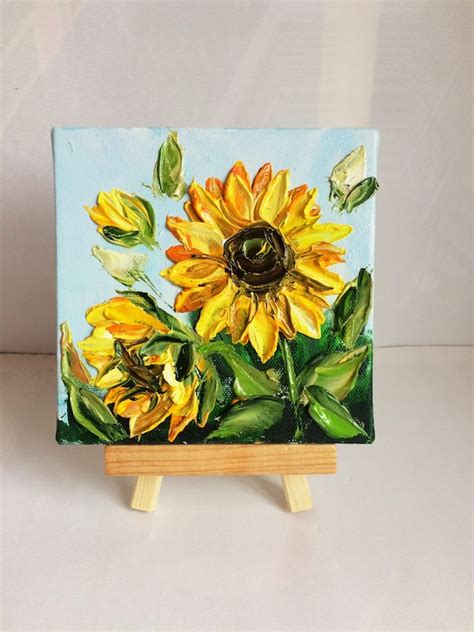 Oil Art And Collectibles Painting Tiny Sunflower Oil Painting With Easel