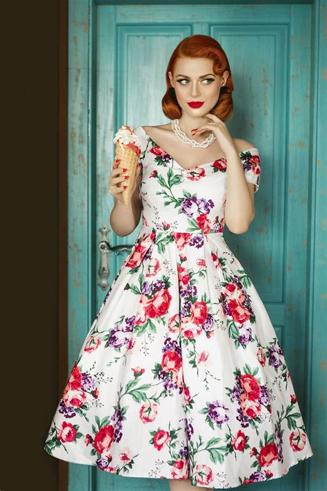 Lily Off Shoulder 50s Pleated Dress In White Pink Floral Floral Swing Dress Swing Dress