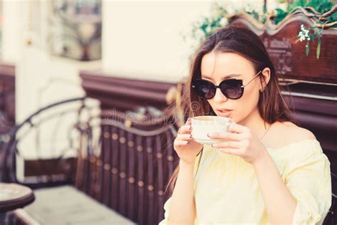 Girl Enjoy Morning Coffee Woman In Sunglasses Drink Coffee Outdoors Girl Relax In Cafe