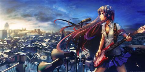 Wallpaper Headphones Anime Girl Guitar Desktop