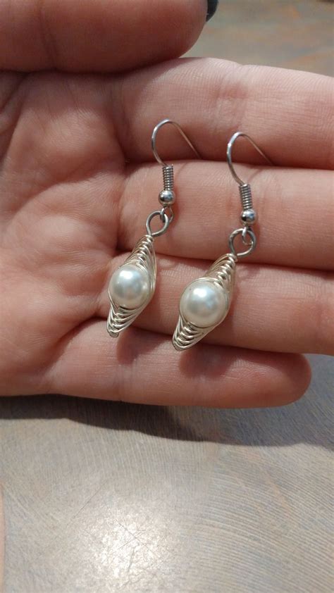 White Pearl Glass Herringbone Wire Wrapped Earrings Etsy Etsy